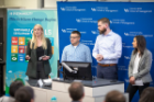 Andrea Doyle, Mitchel Victor, Alex Bosko and Kelsey Battaglia pitch their business plan for food waste composting company Regrowth Compost Solutions in the UB School of Management's "Sustainability as a Business Strategy" course. Photo: Tom Wolf.