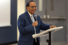 UB President Satish K. Tripathi welcomes the fellows and attendees to the 2022 Pitch for a Cause competition. Photo: Onion Studio