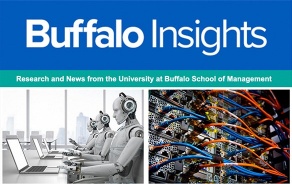 Graphic that reads "Buffalo Insights: Research and News from the University at Buffalo School of Management" with an image of robots at a computer and colorful cables on a computer server. 