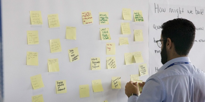 Man at a white board with post-it notes. 