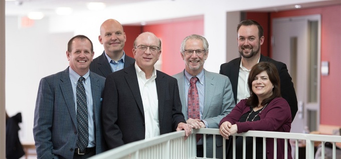 One board of directors included the following alumni, from left: William Grieshober Jr., Michael Keane, Joseph Kuchera, Michael Cropp, MD, Adam Pratt, and Laura Berrady. Photo: Tom Wolf. 