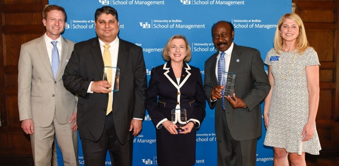 From left, Paul Tesluk, dean; Hero Alimchandani, CRC Alumnus of the Year; Ann Cohen and Alex Ampadu, CRC Faculty Members of the Year; and Gwen Appelbaum, assistant dean and director of the Career Resource Center. Photo: Joe Cascio. 