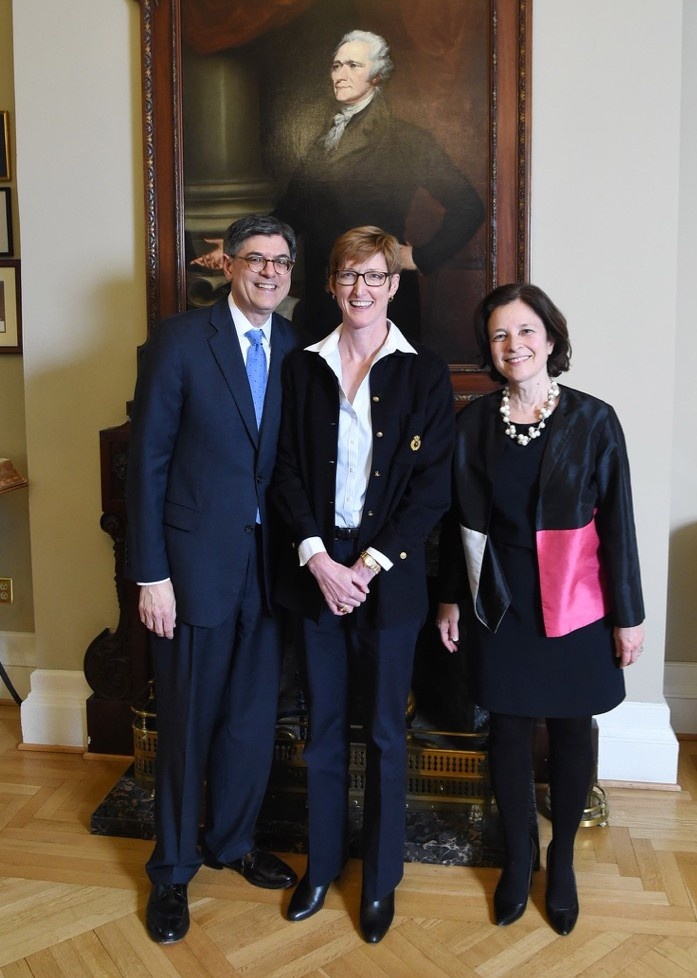 Hamm, center, in 2016 with Jacob J. Lew and Sarah Bloom Raskin, then secretary and deputy secretary, respectively, at the Treasury. 