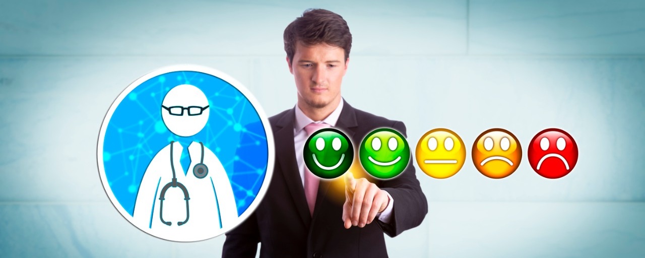Businessperson selecting physician rating. 