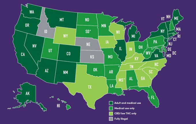 Color coded map of the United States with a key that shows three states (Idaho, Kansas and Nebraska) with cannabis fully illegal. All other states allow some use of cannabis. 