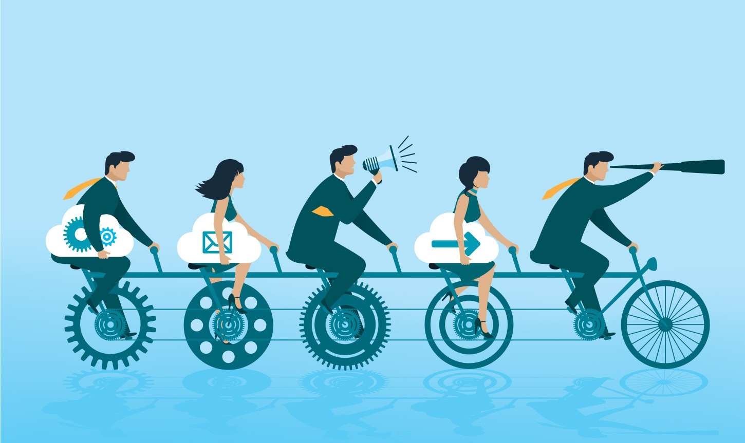 Illustration of businesspeople on a tandem bike. 