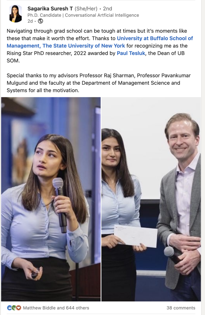 Read Sagarika's post on LinkedIn about her being named a Rising Star PhD researcher. 