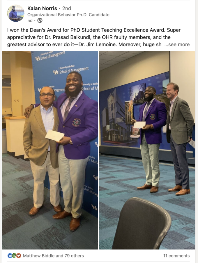 Read Kalan's post on LinkedIn about receiving the Dean's Award for PhD Student Teaching Excellence. 