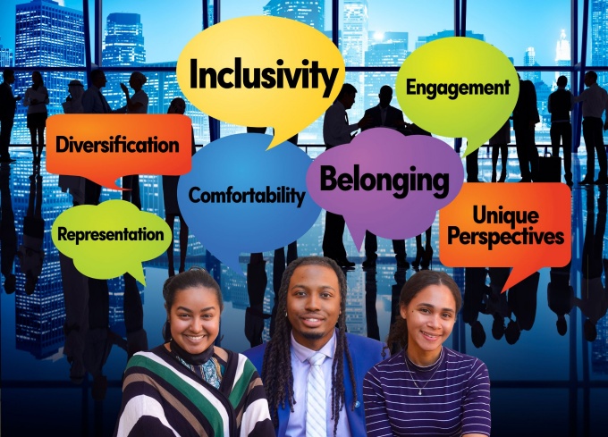 Photo illustration with members of team real talk and word baloons that say diversification, inclusivity, engagement, representation, comportability, belonging and unique perspectives. 
