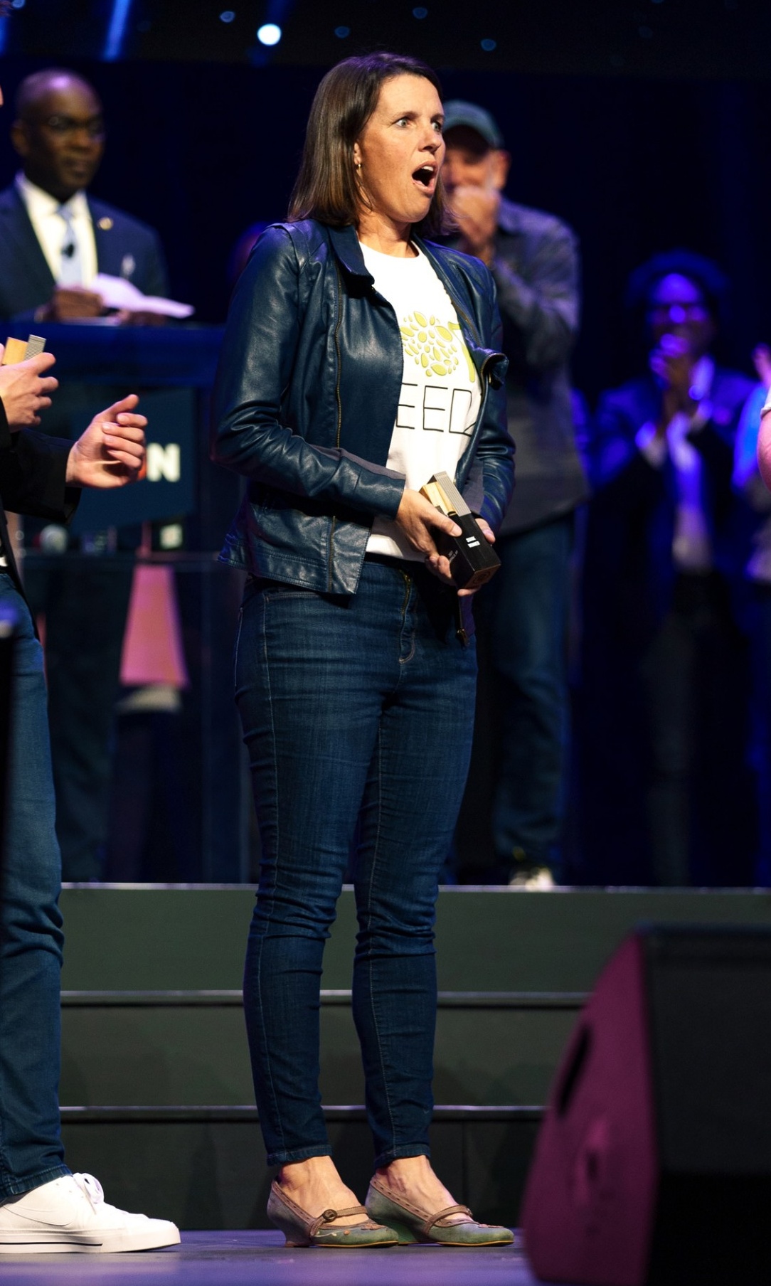 Rebecca Brady reacts in shock to winning 43North. 