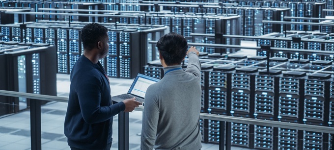 Workers in a data center. 