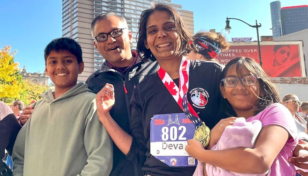 Deval Motka with her family after the 2022 Detroit Free Press Marathon. 