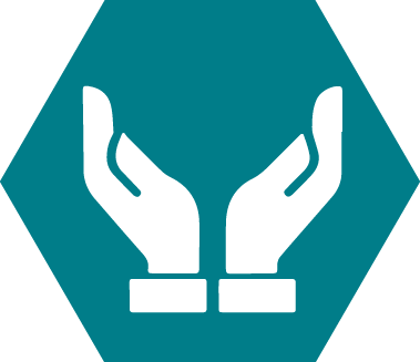 Blue icon with hands lifting upwards. 