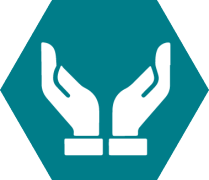 Blue icon with hands lifting upwards. 