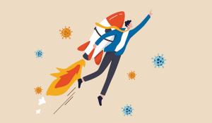 Business person lauching upwards with rocket on back. 