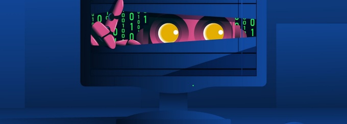 Robot peepping from computer monitor. Surveillance, artifical intelligence anxiety, internet spying concept. Vector illustration. 