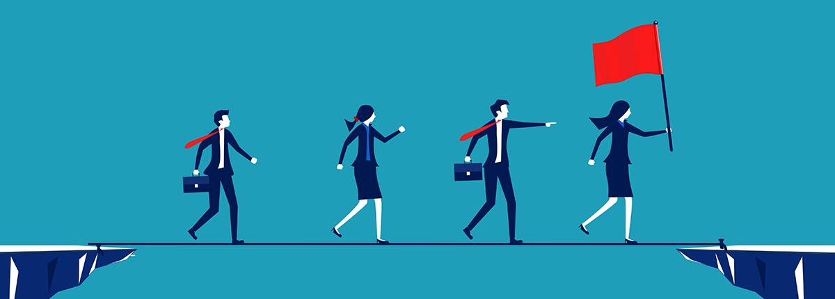 Illustration of businesspeople walking across a high wire.