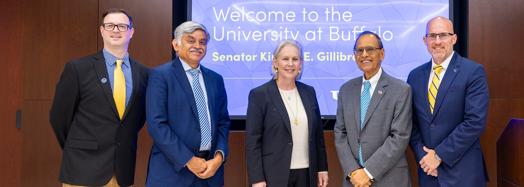 Zoom image: Professor Kevin Cleary, Management Dean Ananth Iyer, Sen. Kirsten Gillibrand, UB President Satish K. Tripathi and Engineering Dean Kemper Lewis. Photo: Douglas Levere 