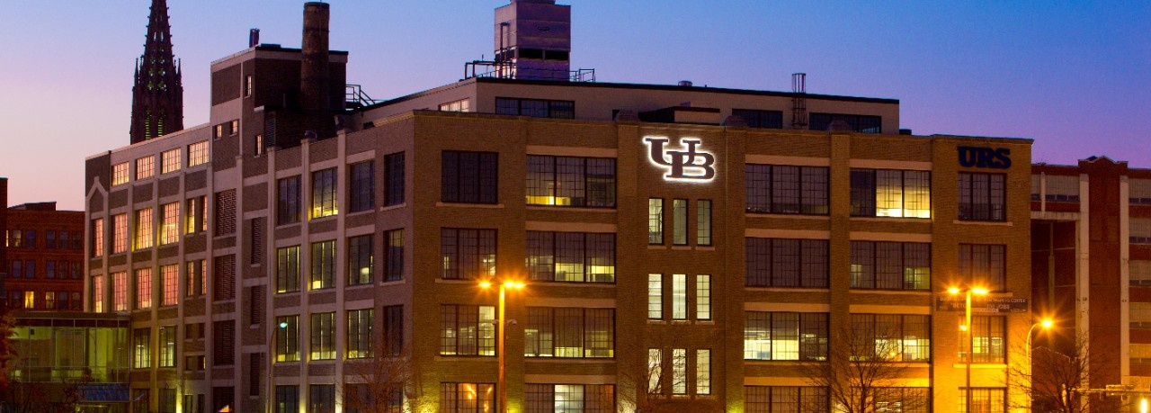 UB Downtown Gateway Building at sunset. 