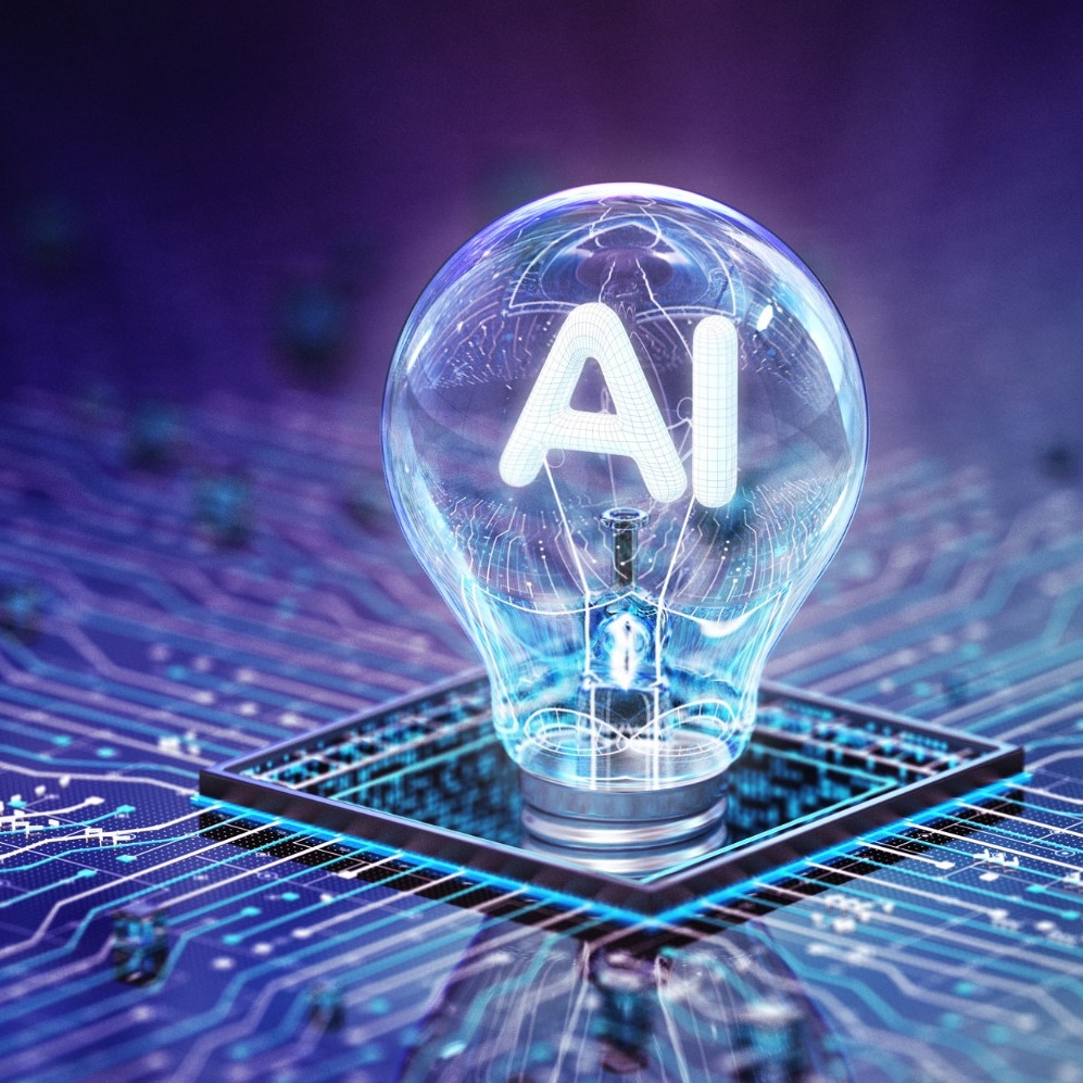 Concept of AI in a lightbulb growing out of a circuit board. 