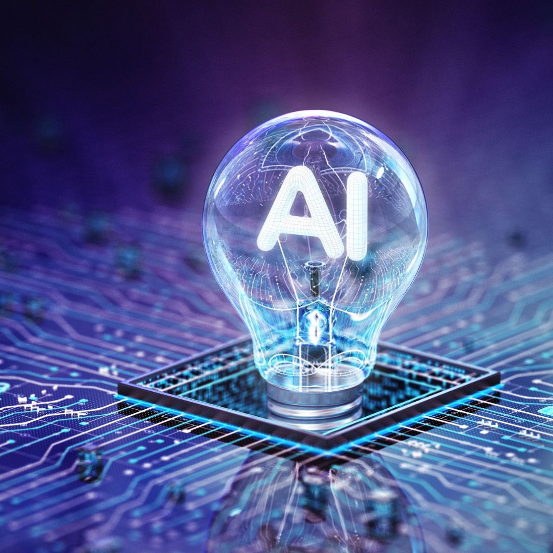 Concept of AI in a lightbulb growing out of a circuit board. 