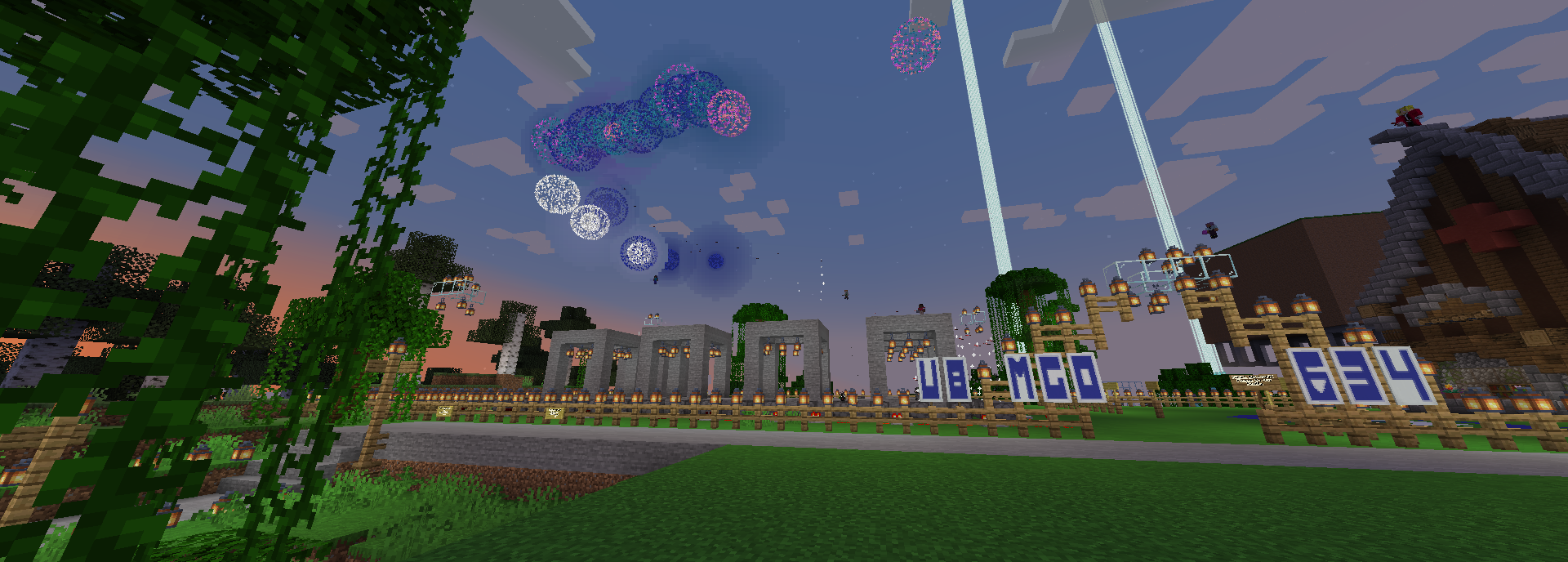 Zoom image: The MGO 634 class after-party featured a fireworks show in the Minecraft world students built together throughout the semester.  