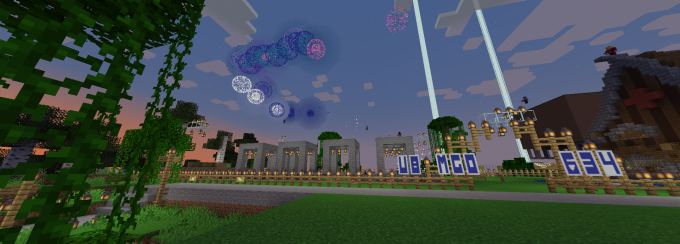 Minecraft screenshot showing fireworks in the sky. 