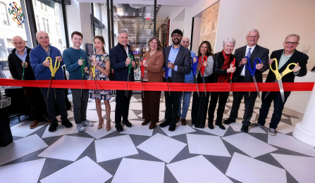 Cindy Lawrence, BS ’88, executive director and CEO of the National Museum of Mathematics (center), at ribbon-cutting ceremony. 