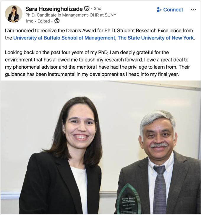 Sara Hoseingholizade's LinkedIn post. 