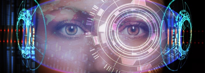 Close-up of a person’s eyes overlaid with a glowing futuristic digital interface, circular data graphics, and a faint world map, representing technology, artificial intelligence, and global data analysis. 