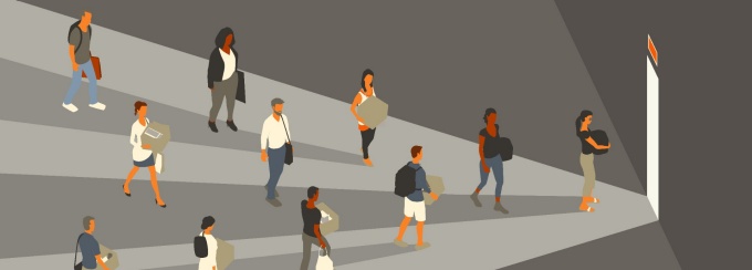 Illustration of people walking up to an illuminated doorway. 
