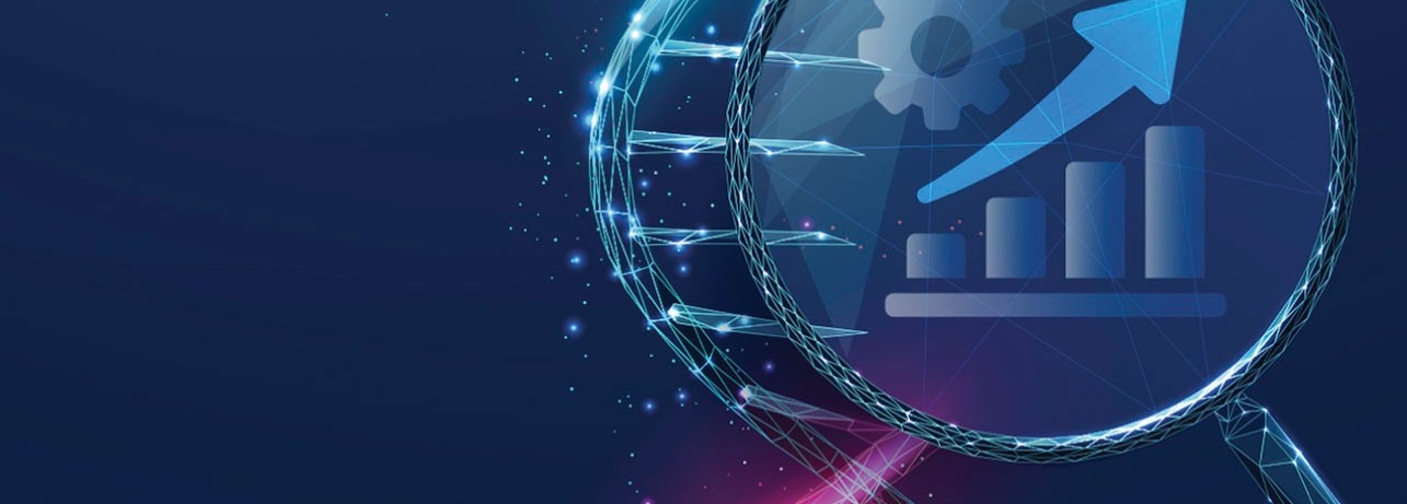 DNA helix and a spyglass with an upward trending chart and gear.