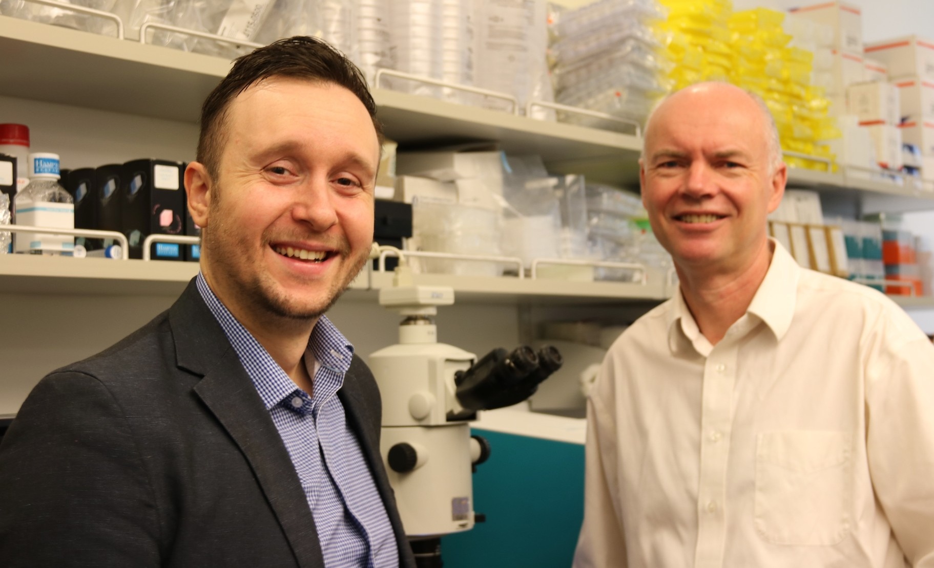 Dominic Sellitto and Edward Snell in a lab at the UB Hauptman-Woodward Research Institute. 