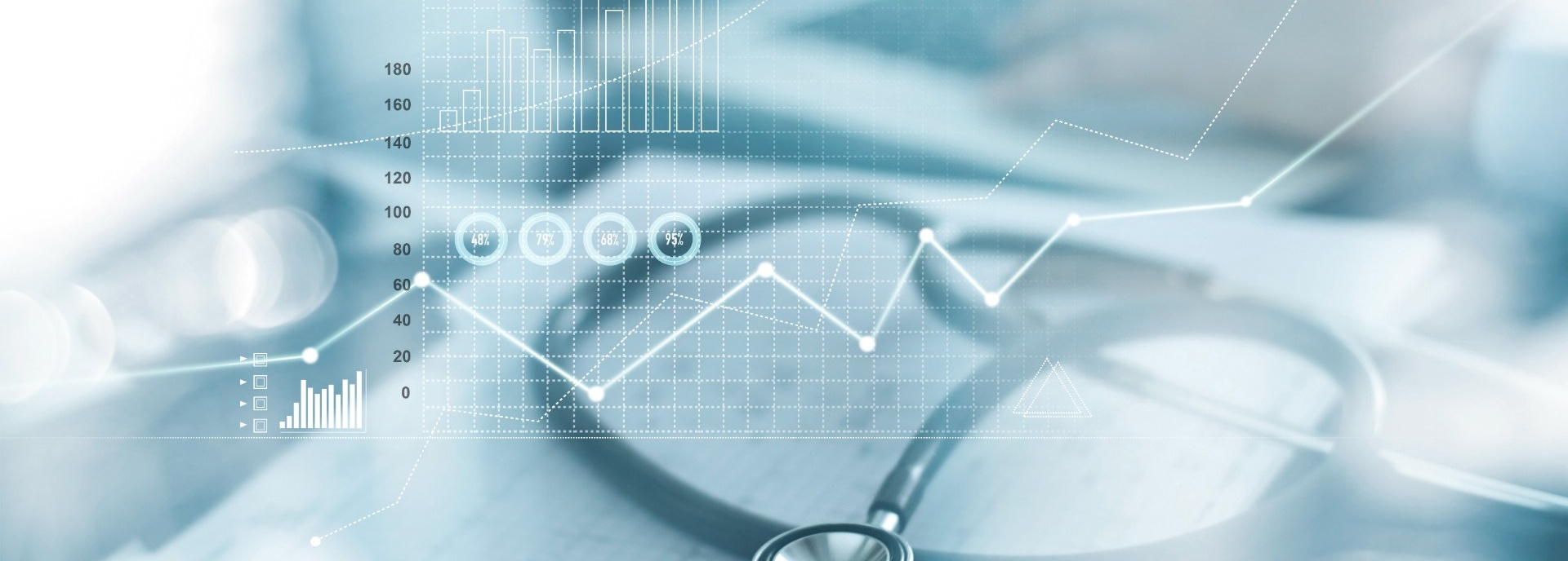 Stethoscope on a table with charts and graphs. 