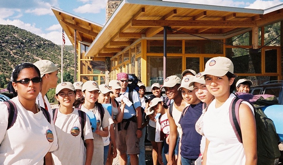 Students in front of Paintrock Campsite Welcome Center. 