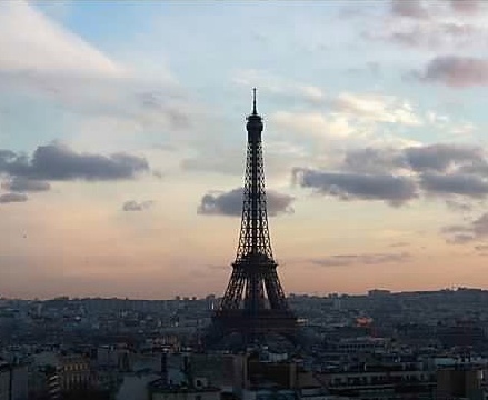The Eiffel Tower at dusk. 