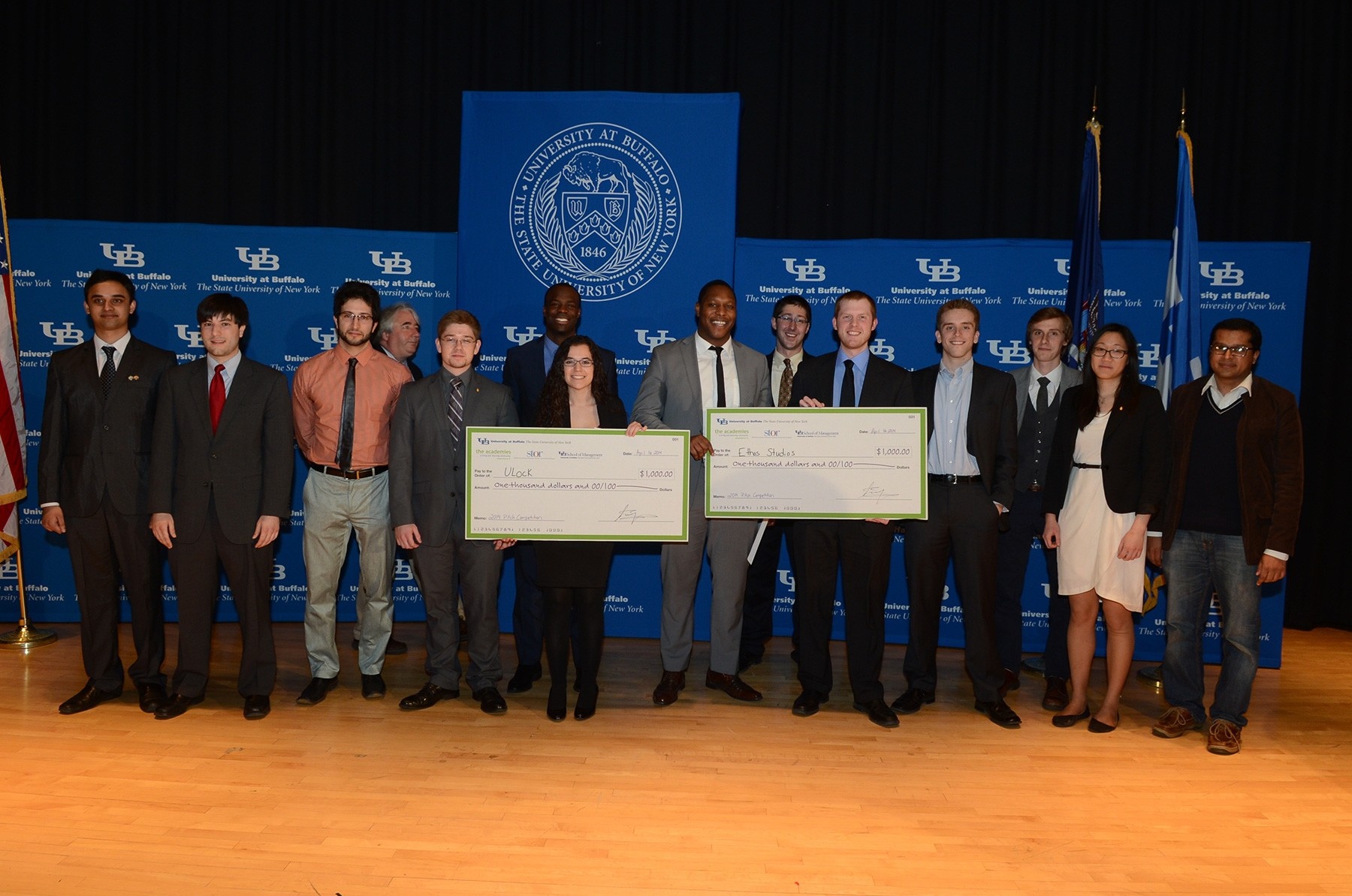 Zoom image: The winners of the second annual Elevator Pitch competition. (Photos: Nancy J. Parisi) 