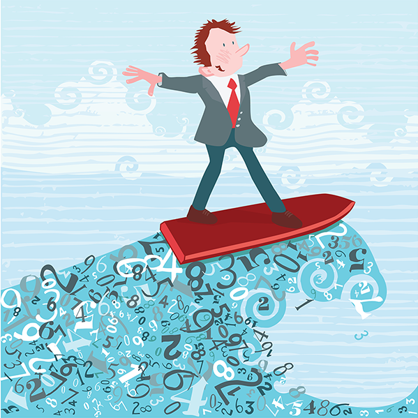 Guy surfing on money. 