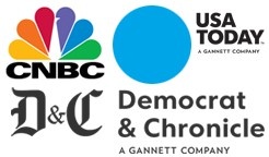 CNBC, USA Today, Rochester Democrat and Chronicle logos. 