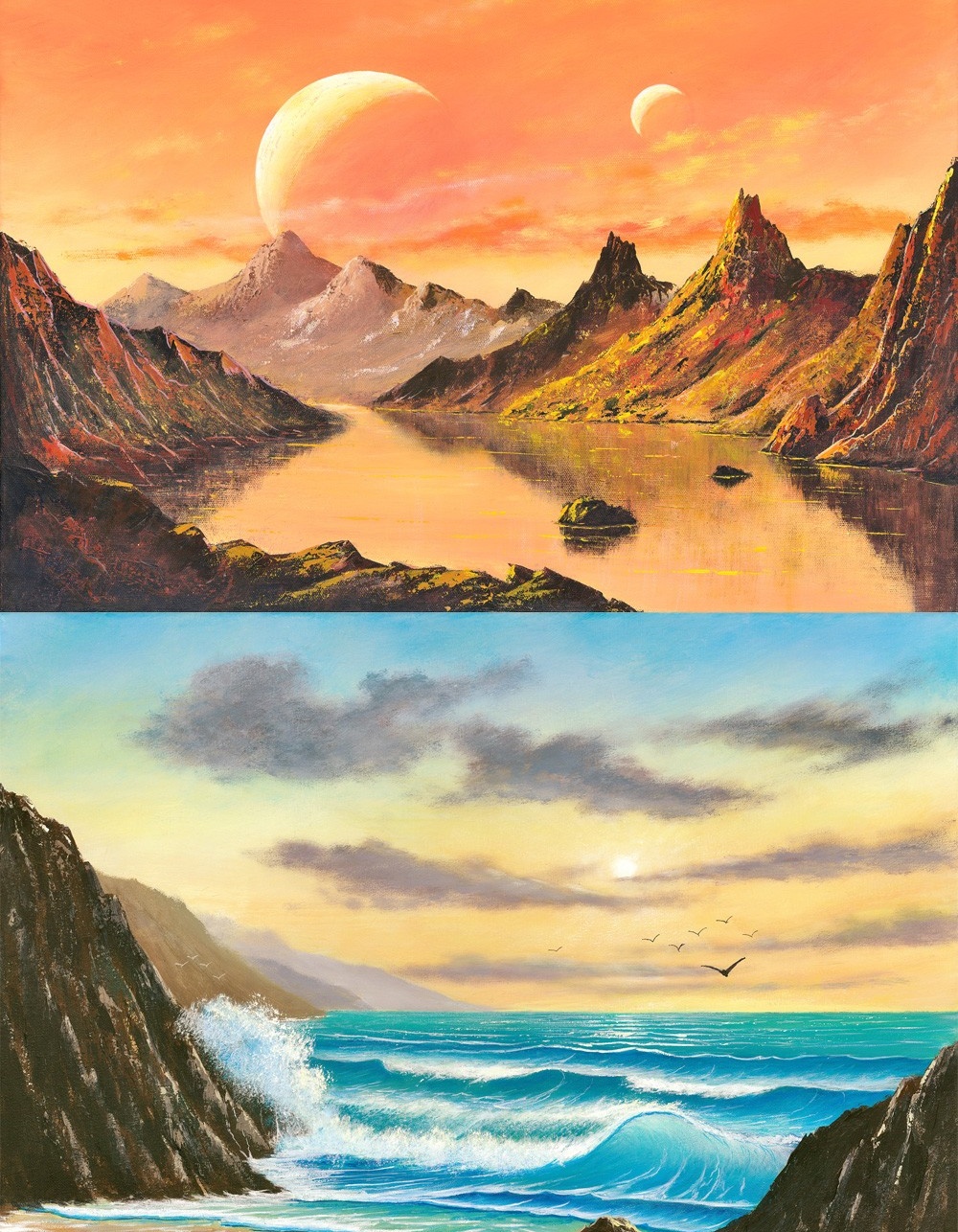 2 painitings of mountainous nature scenes painted by Suresh. 