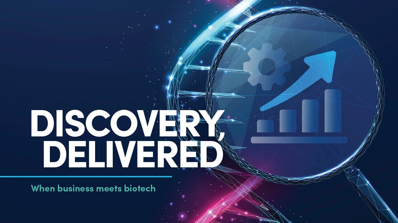 The Spring 2026 Buffalo Business cover, with the words: Discovery Delivered: When business meets biotech. 