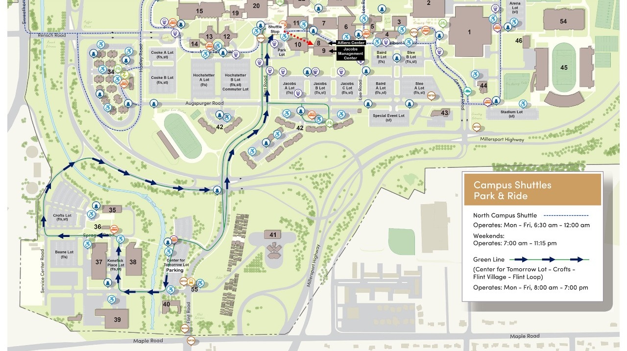 Zoom image: Parking map detailing alternate parking at the UB Center for Tomorrow and the route the Green Line Shuttle takes to Flint Loop. Shuttle drop off is at Flint Look and it's a short walk East to the Alfiero Center and the Jacobs Management Center. 