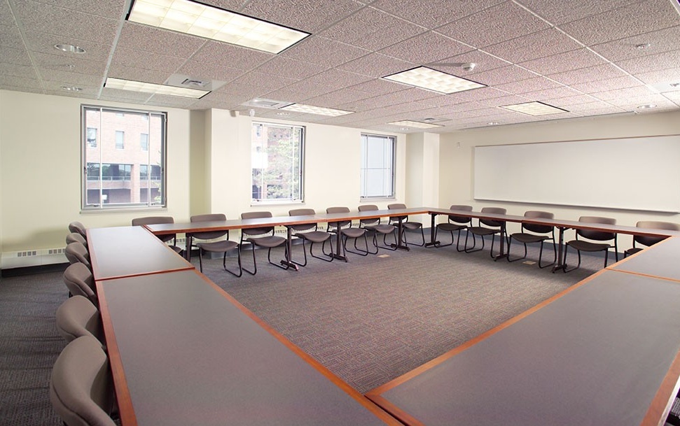 Wide view of an empty conference room. 