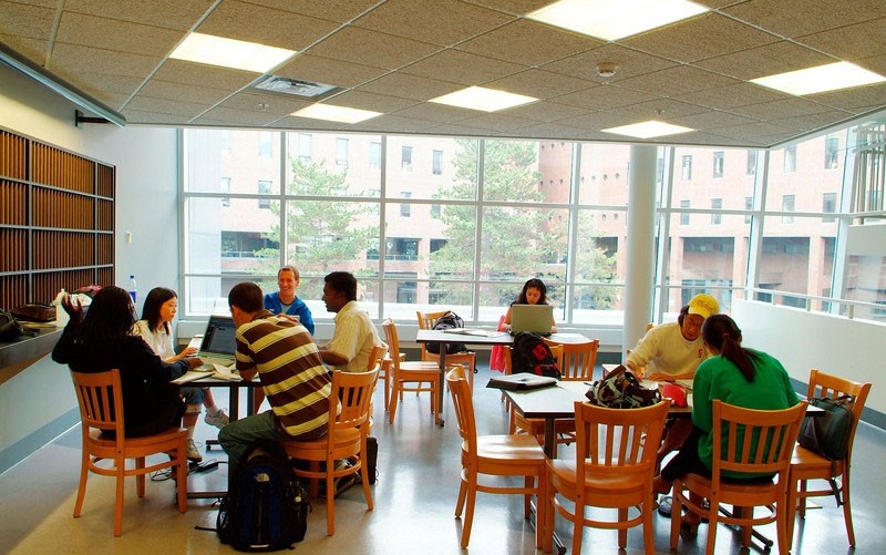 Students work at tables in the Mezzanine. 