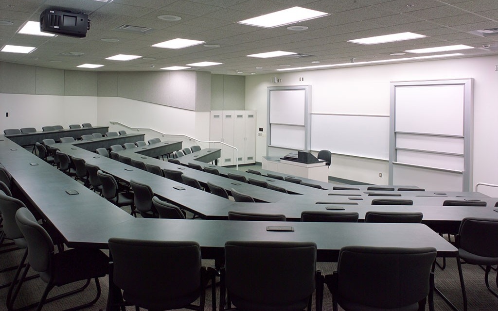 Zoom image: Empty Lecture hall as seen from the back of the room