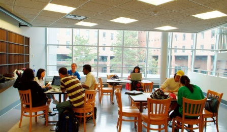 Students work at tables in the Mezzanine. 