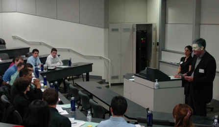 Lecture hall with students as seen from the side. 
