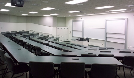 Empty Lecture hall as seen from the back of the room. 