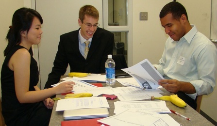 Students work in a break out room. 