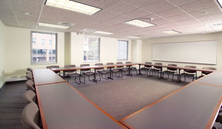 Wide view of an empty conference room. 